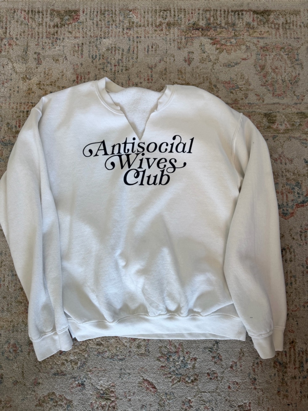 White Sweatshirt with Black 'Antisocial Wives Club' Print